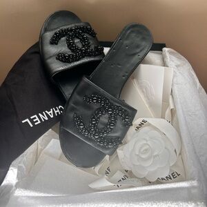CHANEL Black Embellished Slide Sandals